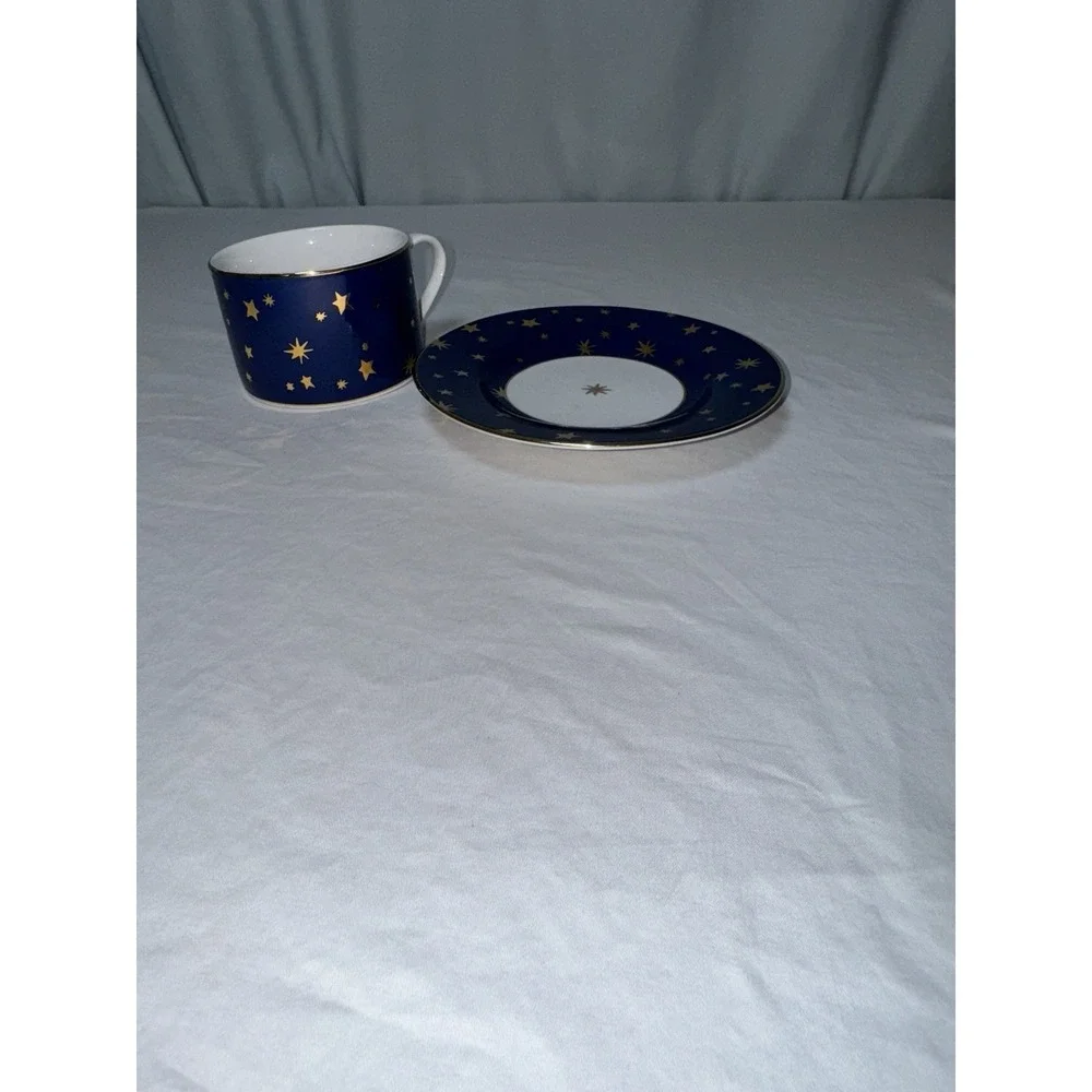 Sakura Galaxy Fine Porcelain Flat Bottom Tea Cup & Saucer Celestial Gold Stars